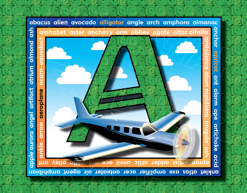 A large green patterned capital A with a blue aeroplane flying in front of it, set against a blue sky with clouds. A square border surrounds the image, filled with words starting with A, such as abacus, alien, and alligator.