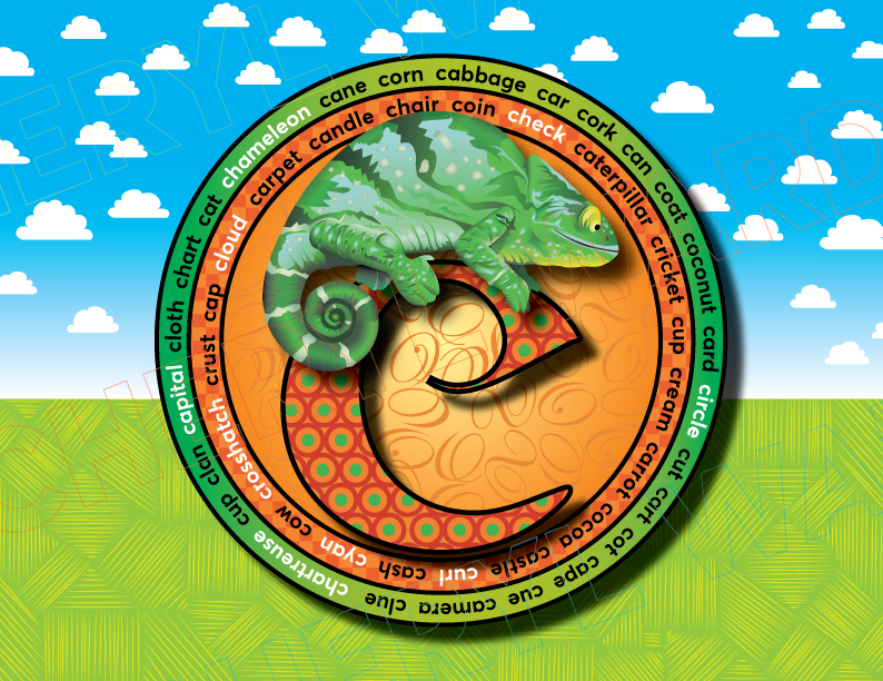 A green chameleon resting on a large orange capital C with a swirly pattern. The background is a green field and blue sky with clouds. A circular border frames the letter, filled with C words like capital, cloth, and chart.