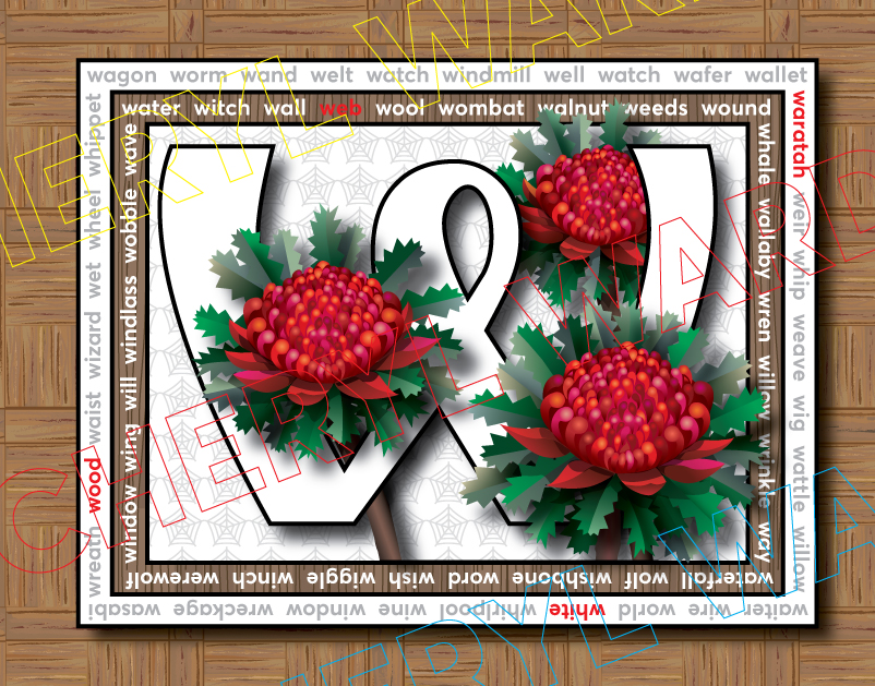 A large white capital W surrounded by three vibrant red Waratah flowers with spiky green leaves. The background inside the frame is a white spiderweb pattern. The square border is filled with W words like wagon, worm, and wand, all set on a brown wood-grain background.