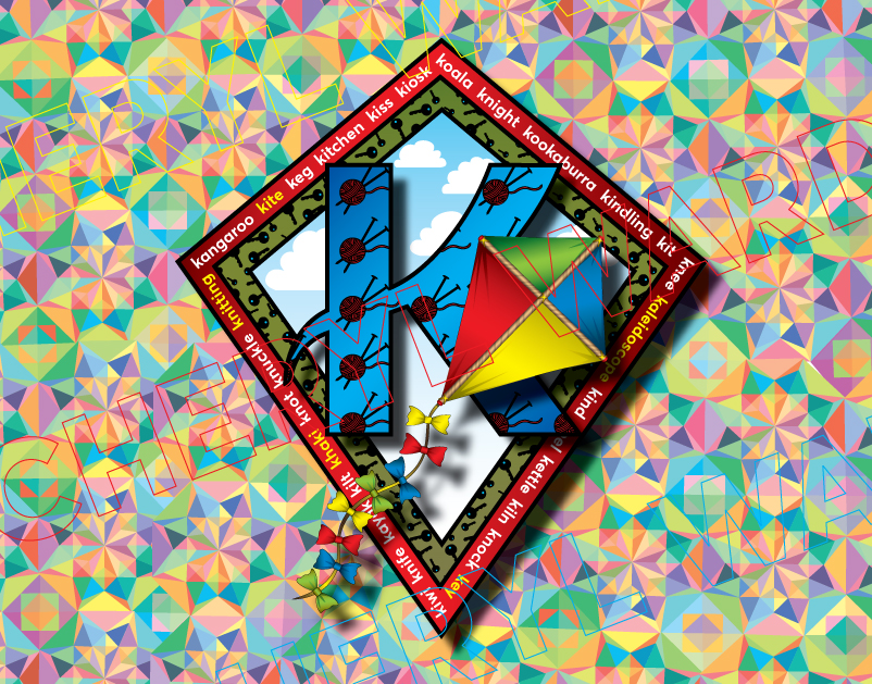 A blue capital K patterned with balls of red yarn, with a colourful yellow, red, and green kite flying across it. The frame is a diamond shape containing K words like kangaroo, kite, and keg. The background behind the image is a complex, colourful geometric pattern.