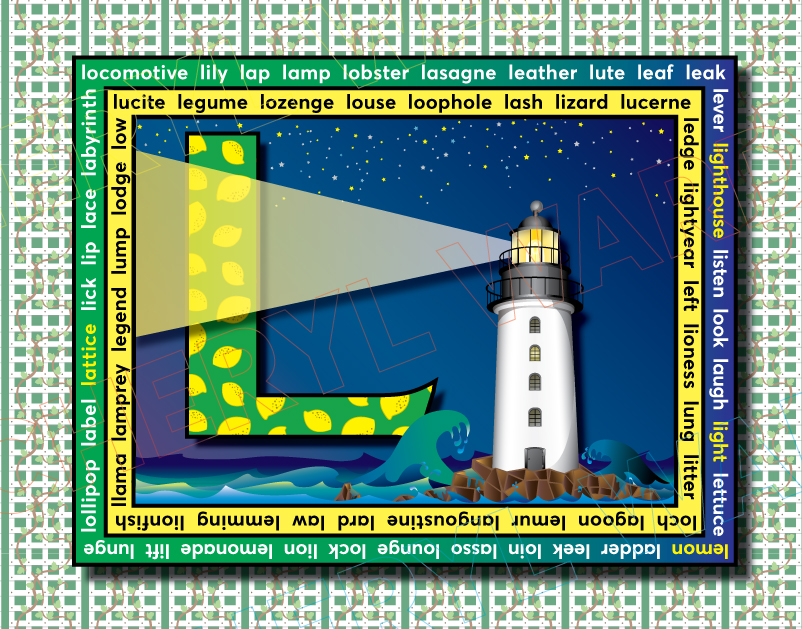 A green capital L patterned with yellow lemons sits next to a white lighthouse shining a beam of light across a dark blue starry sky and ocean waves. A square border contains L words like locomotive, lily, and lap, set against a green and white woven pattern background.